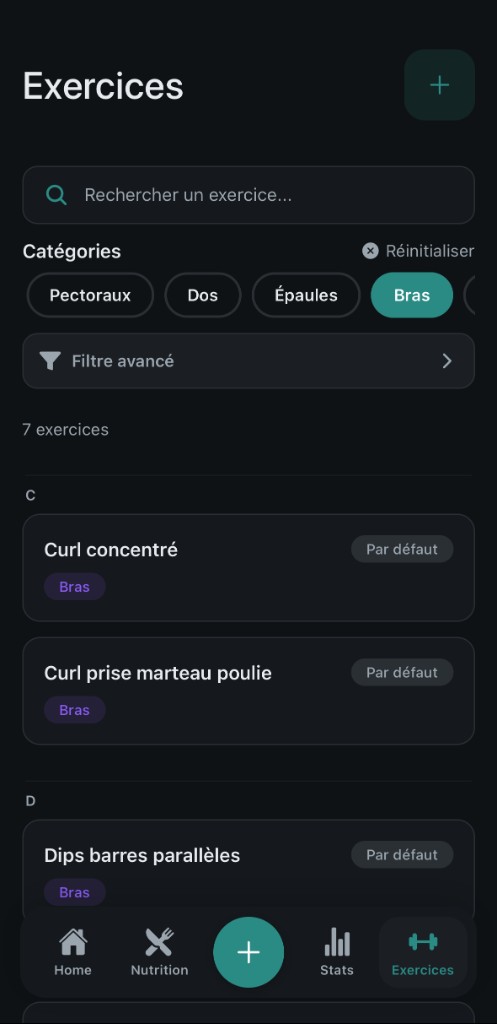 Écran Exercices — Flowset